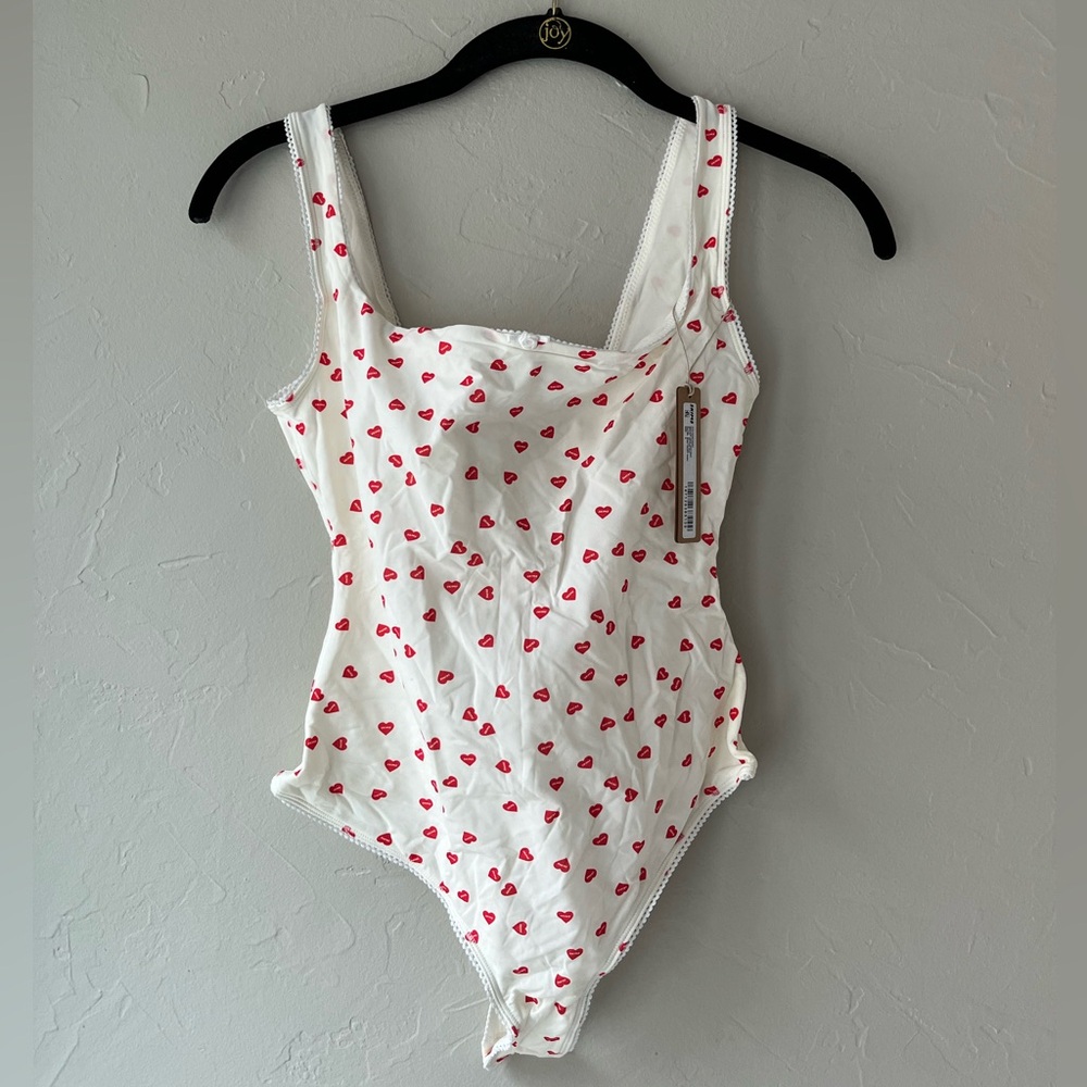 SKIMS White Bodysuit with Red Heart Print